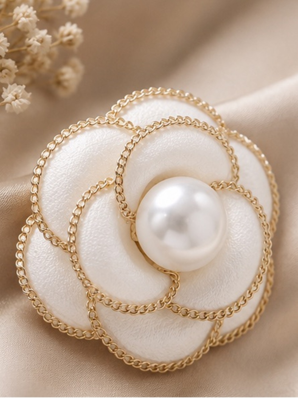 Ivory Pearl Camellia Flower Brooch